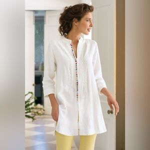 Soft Surroundings 2X Desert Linen Tunic Multicolor Detail Zip Mandarin Collar